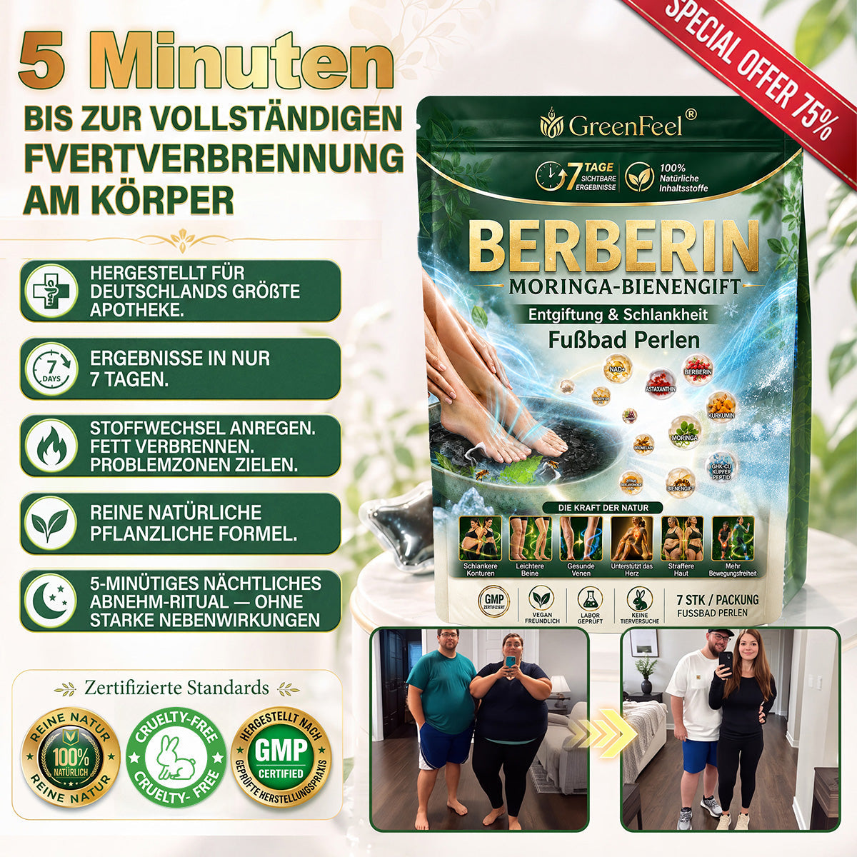 ☘️ GreenFeel® Berberin-Moringa-Bienengift Detox-Schlankheits-Fußbadperlen unterstützen das Gewichtsmanagement, die Lymphdrainage, eine gesunde Durchblutung, das weibliche Wohlbefinden und ein straffer wirkendes Hautbild. 🔥