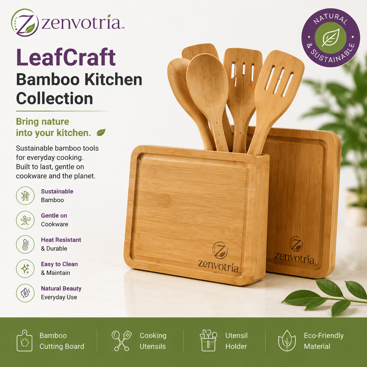 Zenvotria™ BambooAura Natural Kitchen Utensil Set