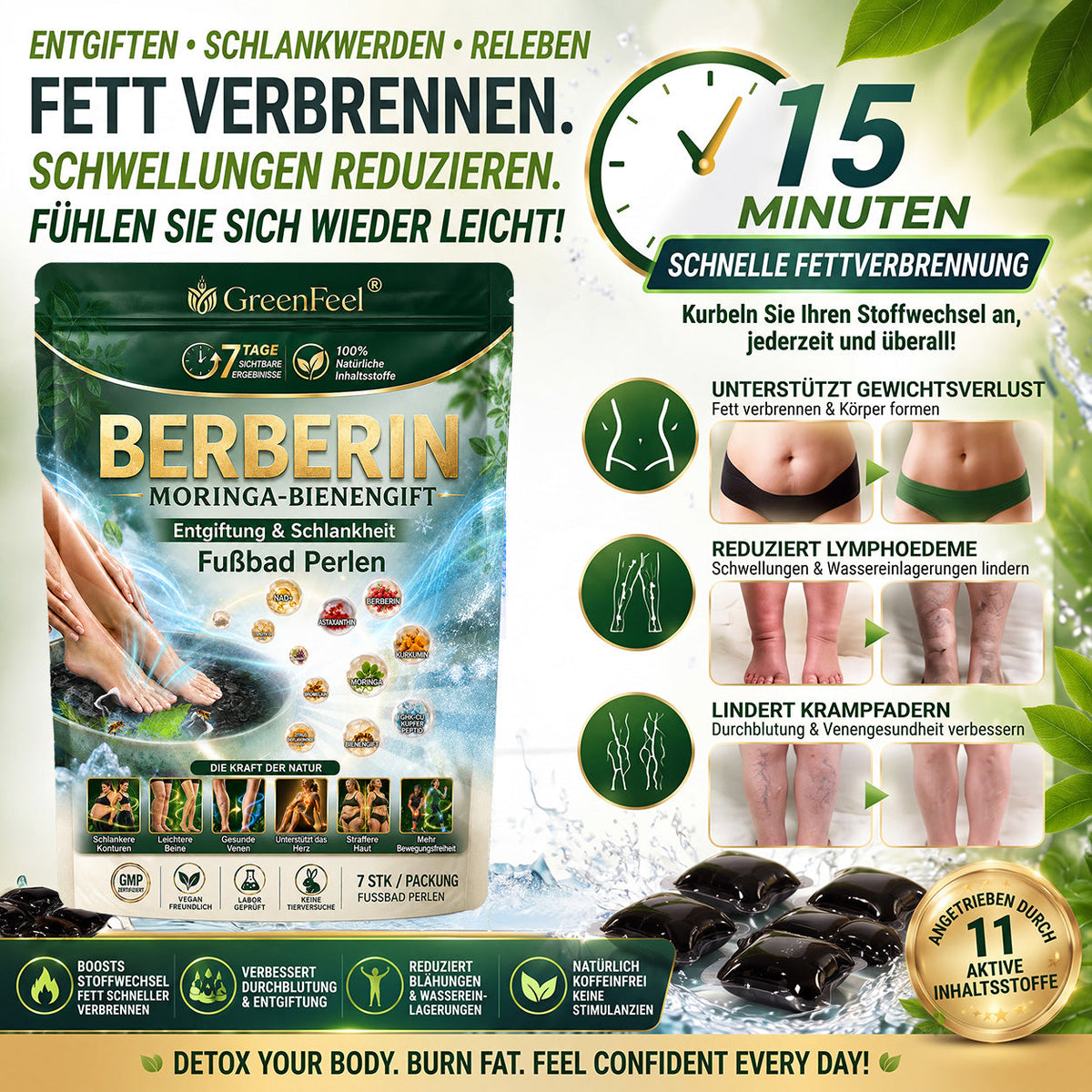 ☘️ GreenFeel® Berberin-Moringa-Bienengift Detox-Schlankheits-Fußbadperlen unterstützen das Gewichtsmanagement, die Lymphdrainage, eine gesunde Durchblutung, das weibliche Wohlbefinden und ein straffer wirkendes Hautbild. 🔥