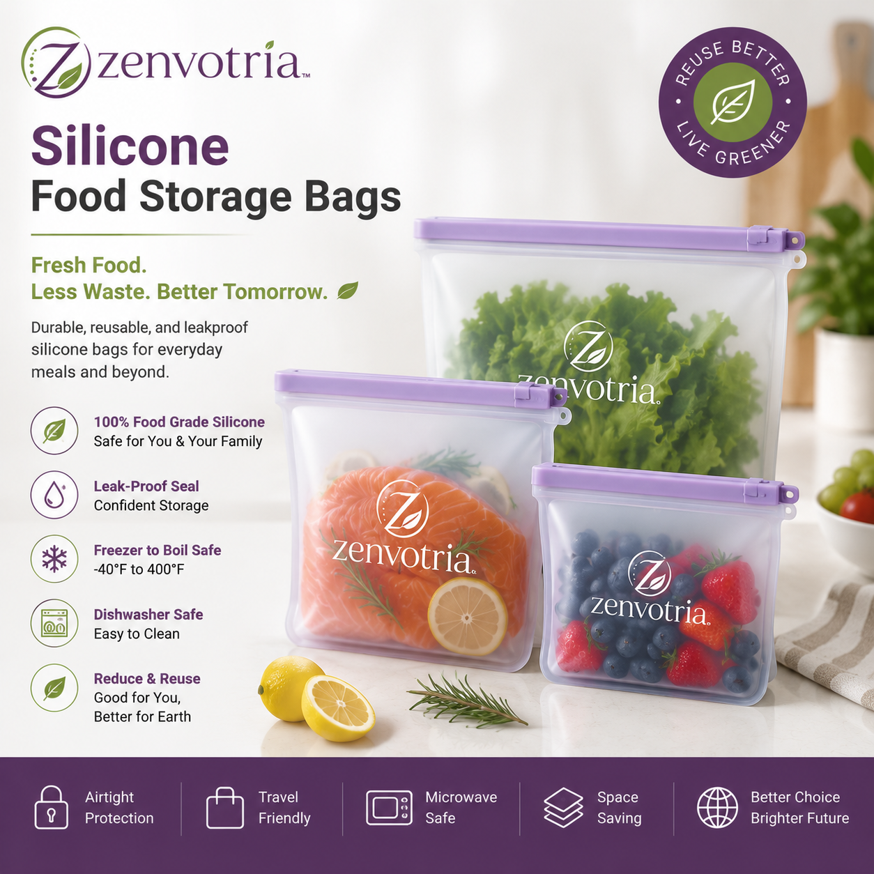 Zenvotria™ EcoSeal Reusable Silicone Food Storage Bags